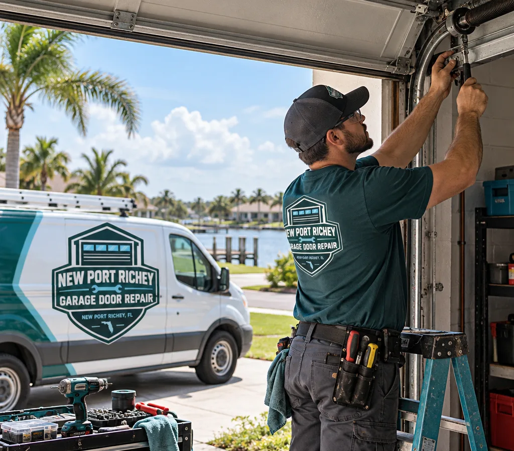Contractor inspecting a residential garage door and opener in New Port Richey