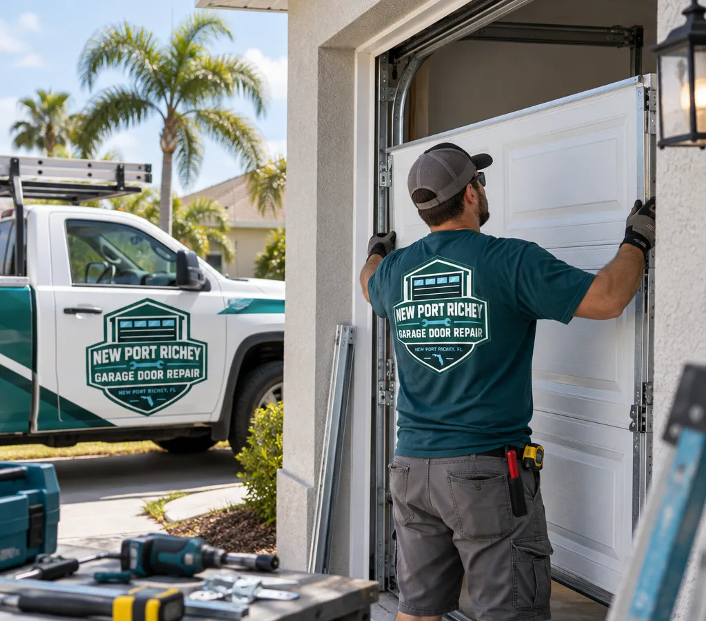 Residential garage door being installed on a stucco home in New Port Richey