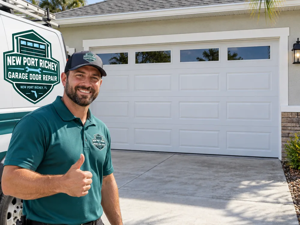 Finished insulated steel sectional garage door on a Florida stucco home