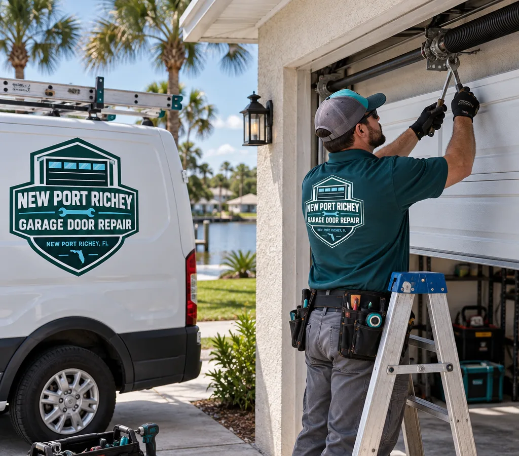 Contractor measuring the torsion spring above a residential garage door in New Port Richey
