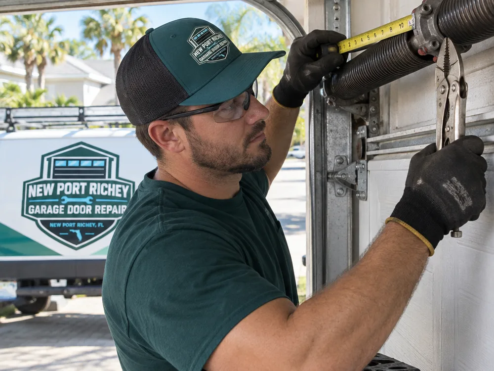Contractor safely using winding bars at a garage door torsion spring winding cone