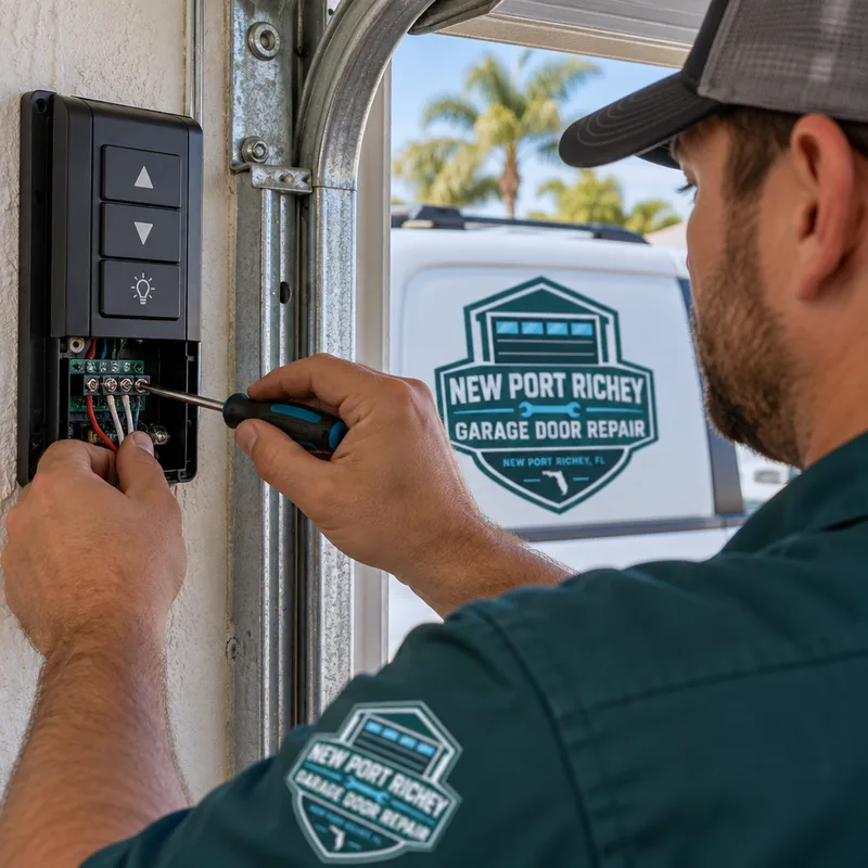 Contractor inspecting the gear assembly inside a ceiling-mounted garage door opener