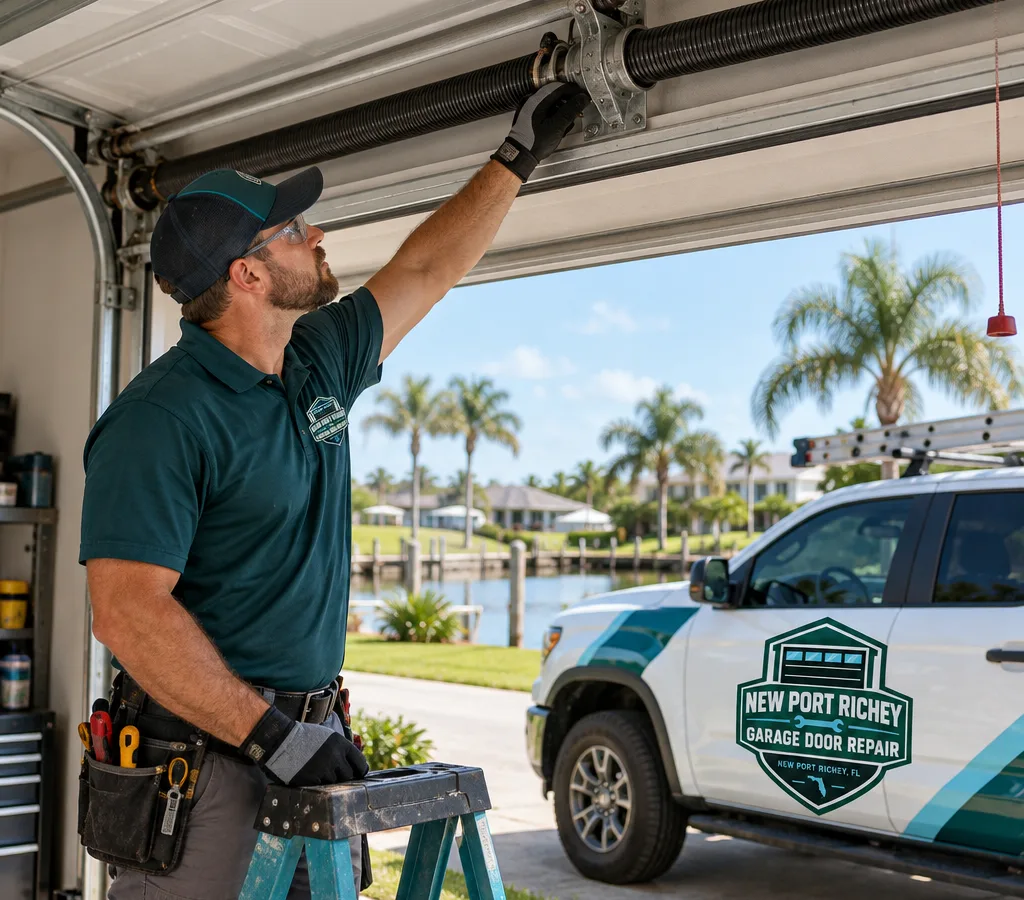 Residential garage door partially open at dusk while a concerned homeowner looks at the gap beneath it
