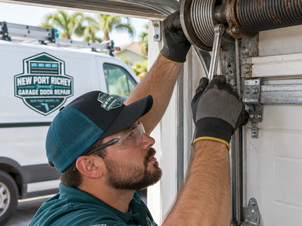 Garage door contractor using a flashlight to inspect a torsion spring, cable drums, and lift cables