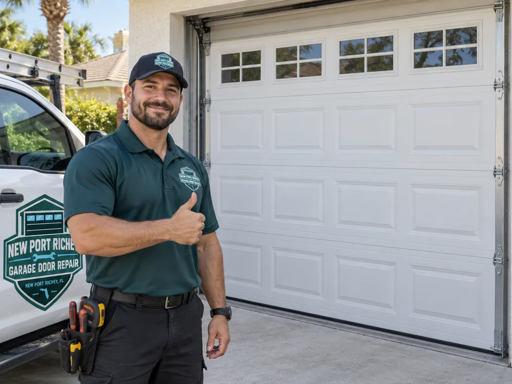 Contractor aligning a garage door roller in the vertical track and checking track brackets
