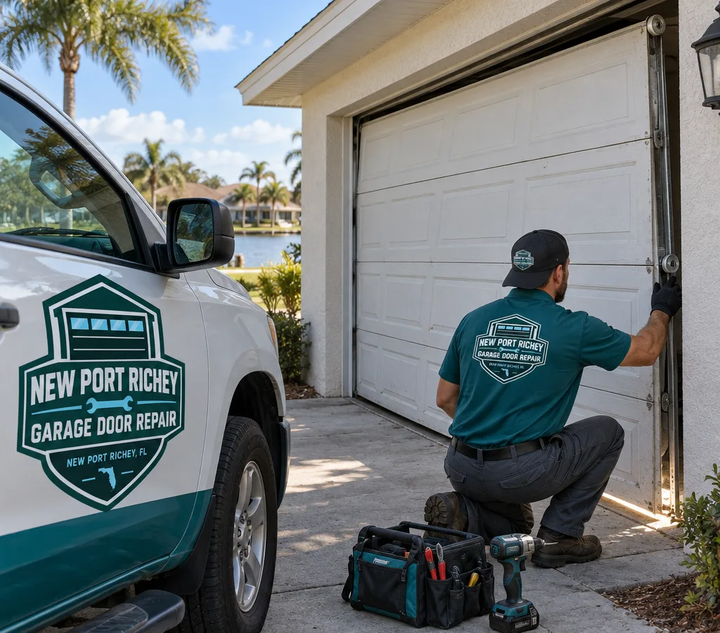 Residential sectional garage door sitting crooked with one side off the track as a contractor assesses the track and roller alignment