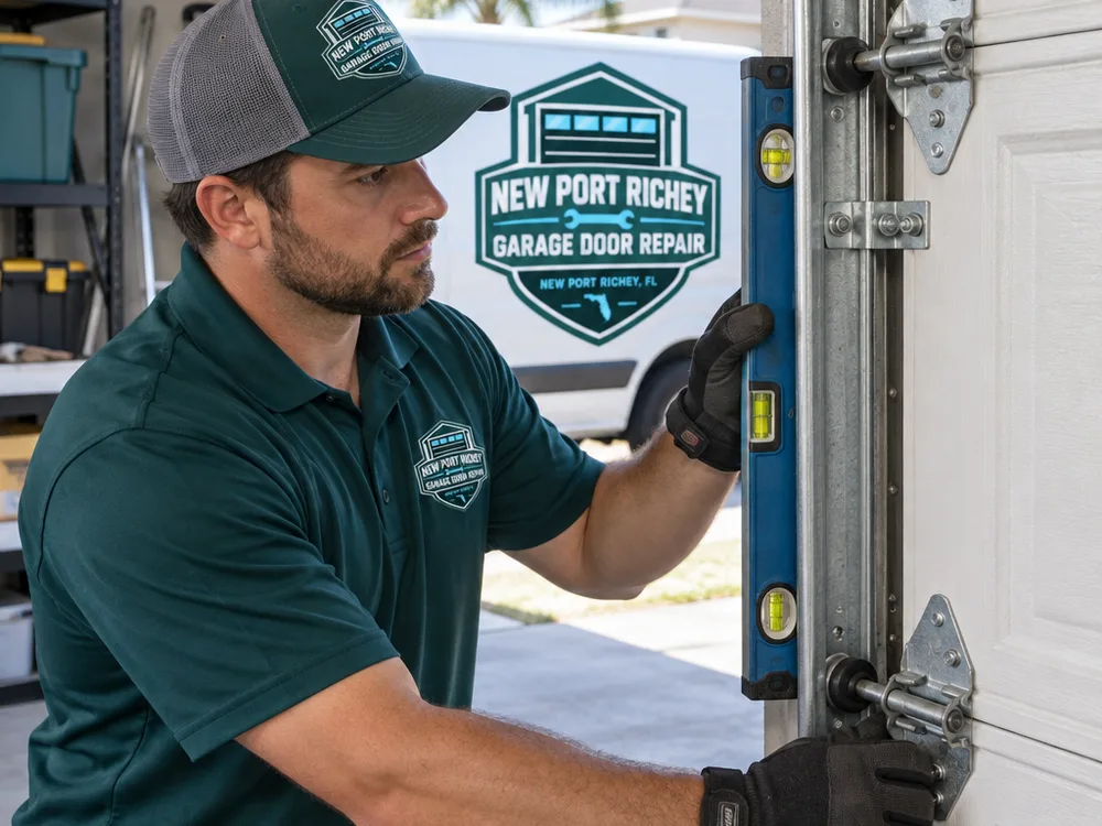 Contractor checking garage door track alignment and fasteners