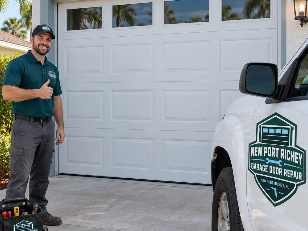 Garage door traveling straight in its tracks after a reset while a contractor observes its movement