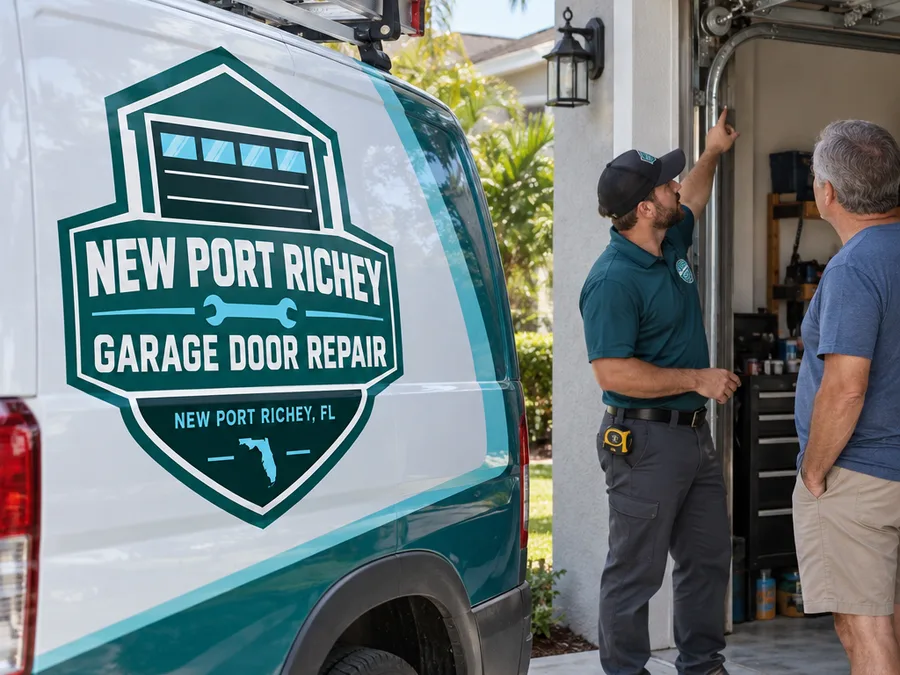 Contractor discussing garage door track and hinge symptoms with a homeowner